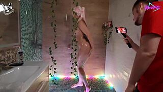 Sexy wife teases in the bathroom backstage during cosplay shoot