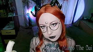 Redhead wife enjoys deepthroating a banana in homemade Halloween video