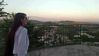 Stunning beauty flashes her perfect breasts and pussy at tourist spot