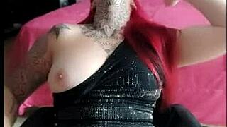 The boyfriend's away, so she fingers her big tits and masturbates to orgasm alone