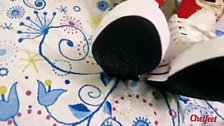 My girlfriend in red socks seduces me with shoes for a footjob and handjob until i cum on her skinny feet