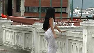 sexy brunette flaunts body on santos streets and porto docks