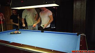 Brunette stud gets his ass pounded by hot guys on the billiard table.