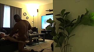 Digging deep into Russian pussy with a monster black cock in missionary