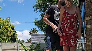 Amateur bride and wife caught by a neighbor while having sex in the great outdoors.