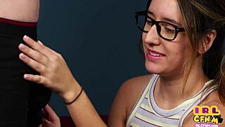 Amateur glasses wearing 21-year-old gets a CFNM BJ with a happy ending