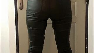 French amateur whore in leather pants and lingerie! Spank her ass hard in pov.