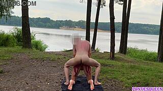 Hardcore Riding by Naked Blonde in Public with Cumshot on Tits