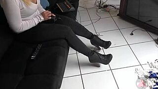 Asian Milf Rests Boots On Cock And Balls For Teasing Footjob!