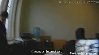Married woman with a shaved pussy enjoys a quick fuck with a man in glasses