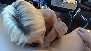 Skinny blonde teen gives a POV blowjob to a big cock