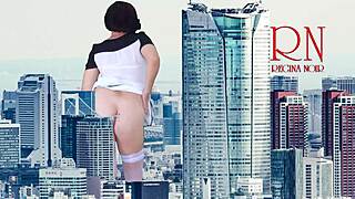 giant lady struts pantyless in city, towering like king kong. her tight pussy amazes all!