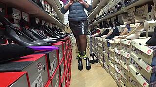 chubby legs in nylon slip into high heels at public shoe store, big ass shines