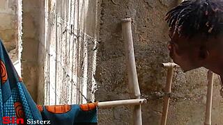 Young African neighbor watches me take a bath