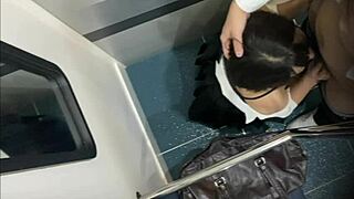 Couple tries handjob and blowjob secretly on empty rural train.