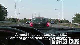 Feeling so horny, Kira Queen pulls over in the car to suck and fuck that hard cock outdoors.