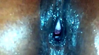 Slim thick ebony with curvy body worships ass and gets dildo fucked by monster cock