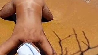 Hot Latina shemale gets public pounding on Marquinha beach