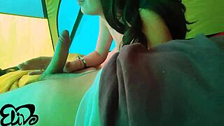 Beautiful ebony girlfriend gives great blow job in the tent