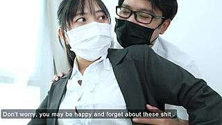 The boss with an evil look seduces her employees in the office