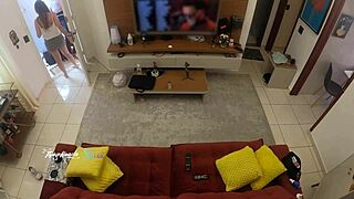 Hot wife flashes delivery guy for a steamy sofa scene