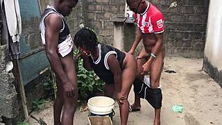 Two friends seduce and have sex with a woman who is having an affair outdoors