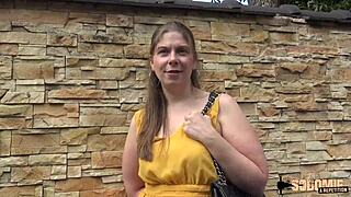 A fat amateur MILF gets a handjob from a well-endowed man at home in France