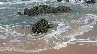 Wife showing off everything at nudist beach outdoor