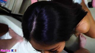 Sexy Asian milf teases while sucking a thick white cock