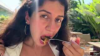 Cum on face in public cafe - she enjoys it