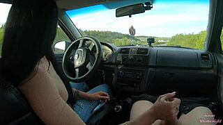 Public road car handjob with hot housewife