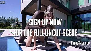 A blonde wife has sex with a BBC Big Black Cock by the pool
