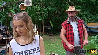Beautiful blonde meets her stepfather for a hot outdoor sex session