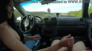 Public road car handjob with hot housewife