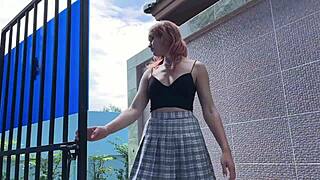 Beautiful bride in bondage gets dirty socks on her feet outdoors