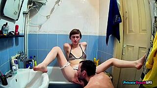 Skinny maid gives me excellent service in the bathroom