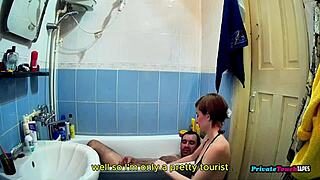 Skinny maid gives me excellent service in the bathroom