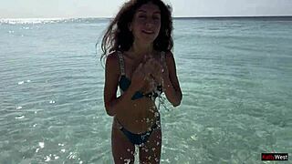 Amateur wife gets cum in mouth on a public beach