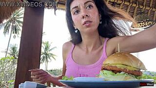 Enjoyed a cum-covered meal at a public cafe