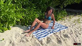 Amateur wife gets cum in mouth on a public beach