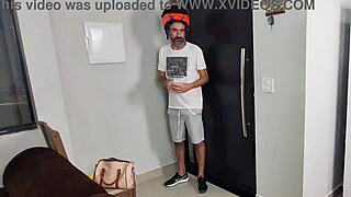Alone at home, the naughty lady gets excited with a towel man