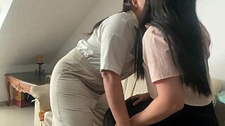 Latina brunette bangs hard with strapon on cozy couch