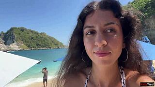Face fucked on public beach, gagging on cock