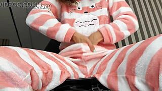 Skinny Asian teen with small tits masturbates her pussy in pajamas
