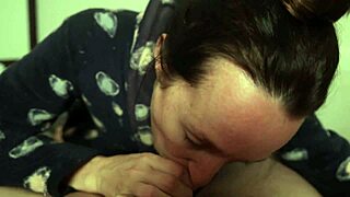 Brunette babe sucks dick and takes a hot load.