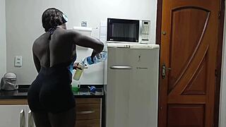 Accept a free hot personal trainer lesson showing the neighbor how to squat