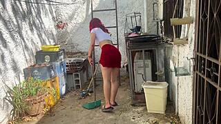 Daddy's girl bends on balcony,-ass rocked heavily
