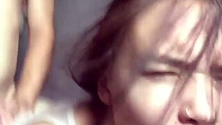 Fucked an 18-year-old brunette beauty behind garages and later on bed