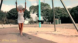A hot wife has fun on the swing without panties, gaining weight