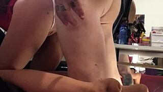 When the blonde gets on all fours, does the stepfather fuck her ass with a sex toy?